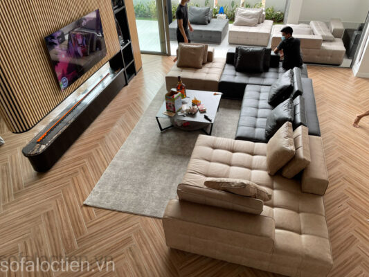 bộ bàn ghế sofa phòng khách minotti bọc da công nghiệp cao cấp