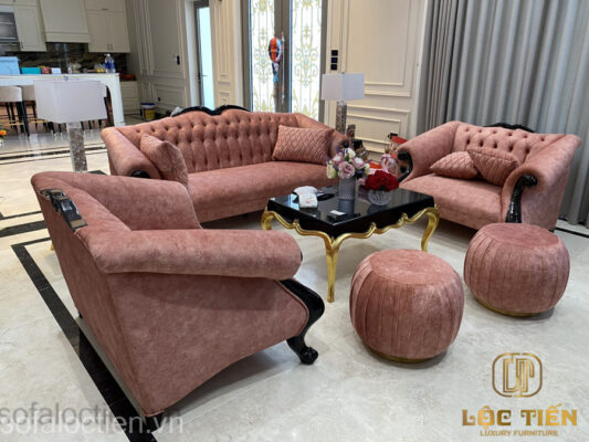 Bộ bàn ghế sofa tân cổ điển bọc nỉ nhung cao cấp - gia công sản xuất tại xưởng Sofa Lộc Tiến