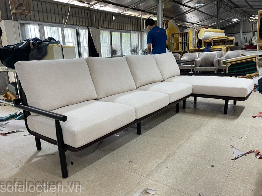 ghế sofa gỗ góc l hiện đại sang trọng gia công chế tác tại xưởng sofa Lộc Tiến