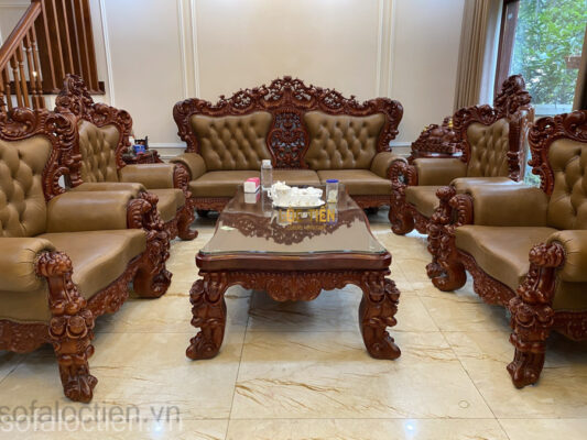 ghế sofa gỗ óc chó bọc da bò cao cấp gia công sản xuất tại xưởng sofa Lộc Tiến