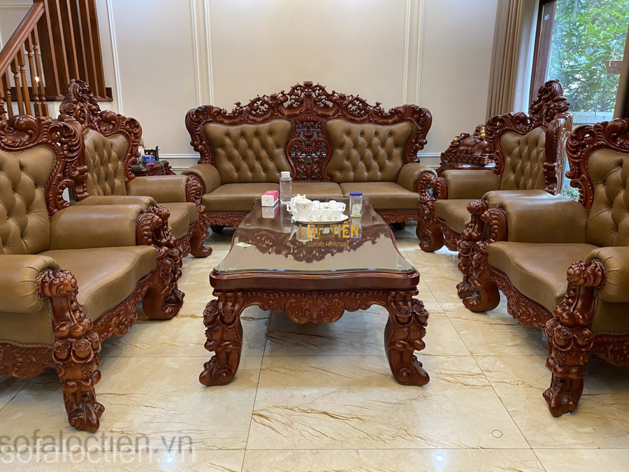 ghế sofa gỗ óc chó bọc da bò cao cấp gia công sản xuất tại xưởng sofa Lộc Tiến