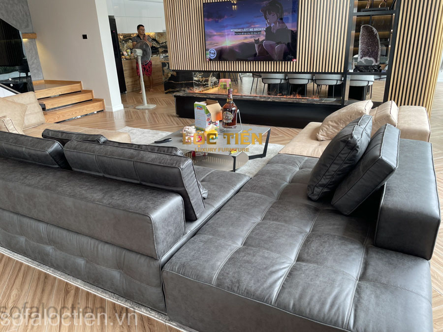 Bộ ghế sofa phòng khách rộng bọc giả da cao cấp thiết kế theo phong cách Minotti