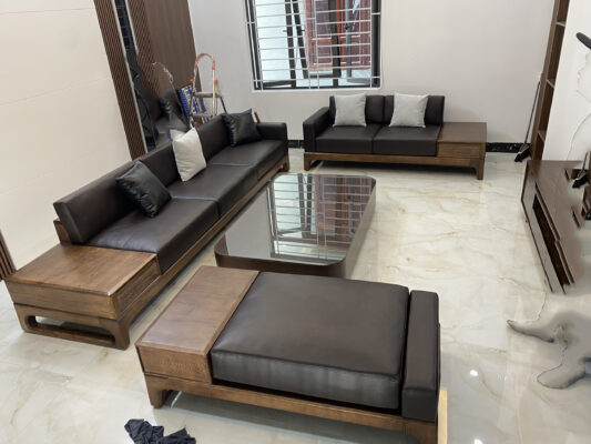 bộ bàn ghế sofa gỗ bọc da công nghiệp cao cấp đặt đóng tại xưởng sofa Lộc Tiến