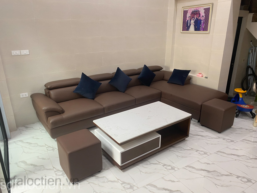 Bộ bàn ghế sofa góc chữ l hiện đại bọc da công nghiệp cao cấp gia công sản xuất theo yêu cầu tại xưởng sofa Lộc Tiến